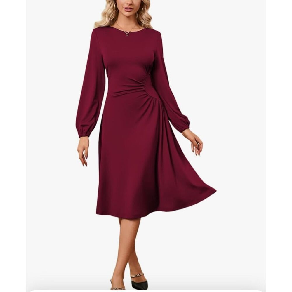 NEW Wine Red Twist Front Lantern Sleeve V Neck Midi Dress Formal XL